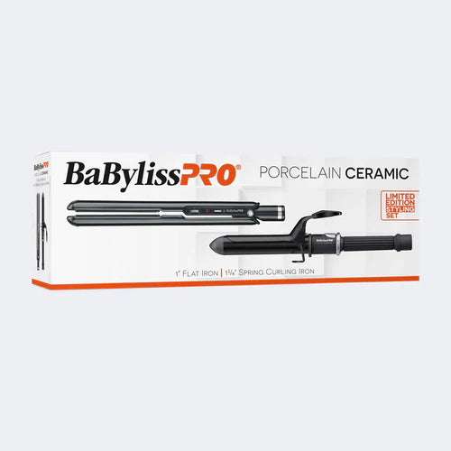 BaByliss PRO Porcelain Ceramic 1" Flat Iron + 1 1/4" Spring Curling Iron Duo