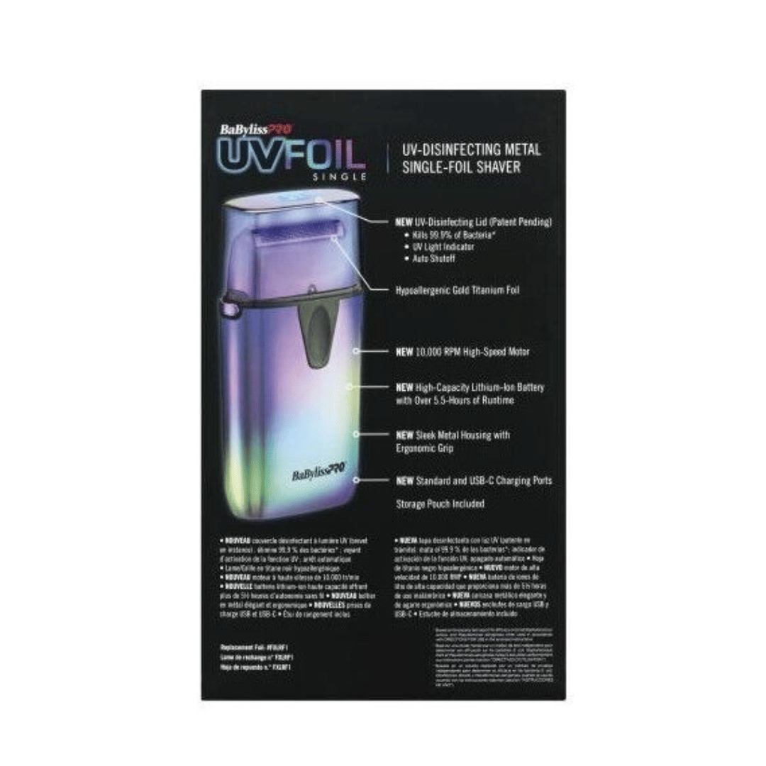 BaBylissPRO UVFOIL Iridescent UV-Disinfecting Metal Single-Foil Shaver box