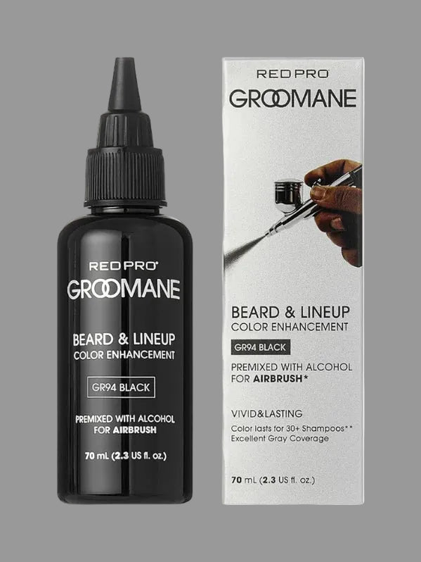Black bottle and packaging of Red Pro Groomane Beard & Lineup Color Enhancement