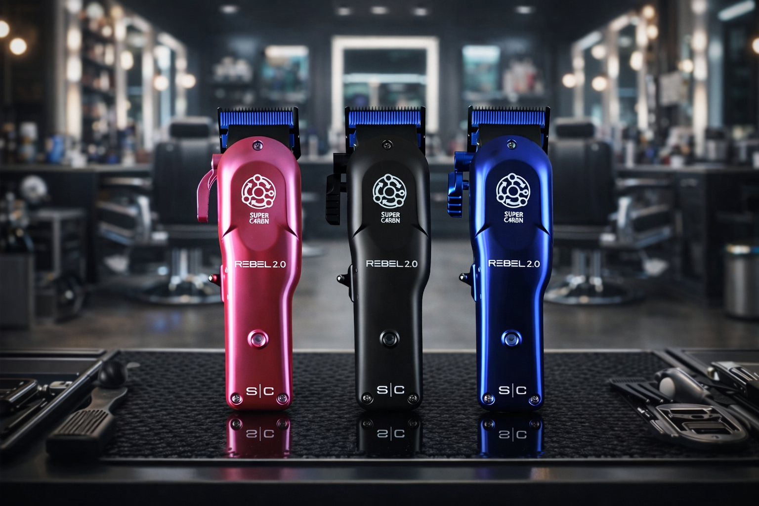 Three hair clippers in red, black, and blue on a counter with a blurred barbershop background.