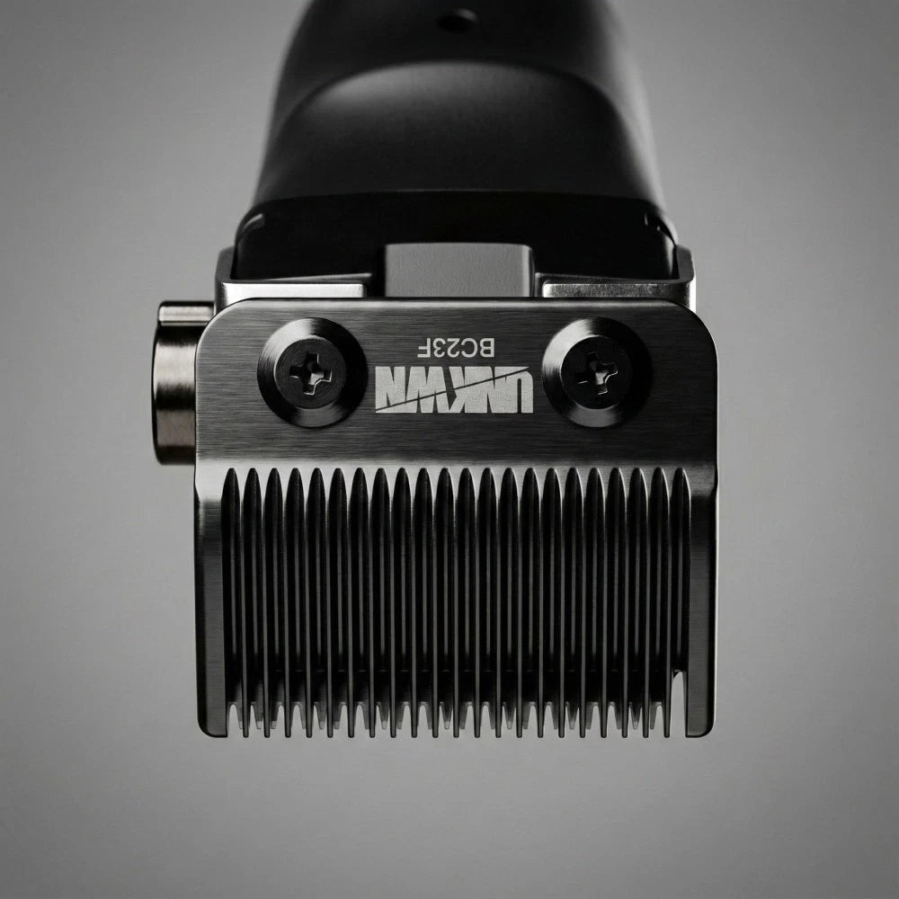 UNKWN Vortex Cyclone Clipper DLC fade blade close-up for professional fading - Barber Supplies Shop