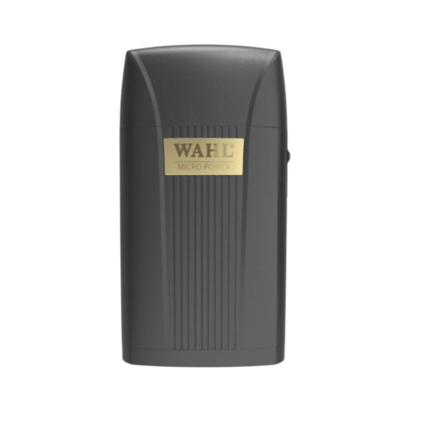 Wahl-Micro- Power -Shaver- 3027017-Front view of the Wahl Micro Power single-foil shaver with black body and gold logo
