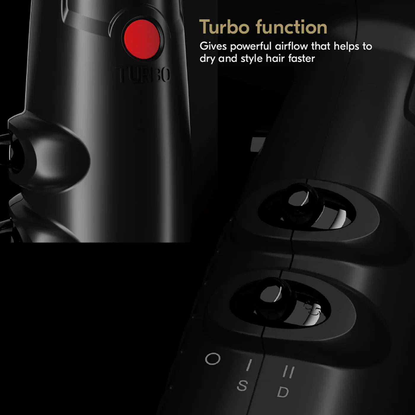 Black hair dryer with red turbo button