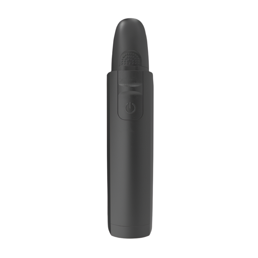 Front view of the Wahl Micro Power single-foil shaver with its protective cap on, slim black body and power button visible, isolated on a white background.