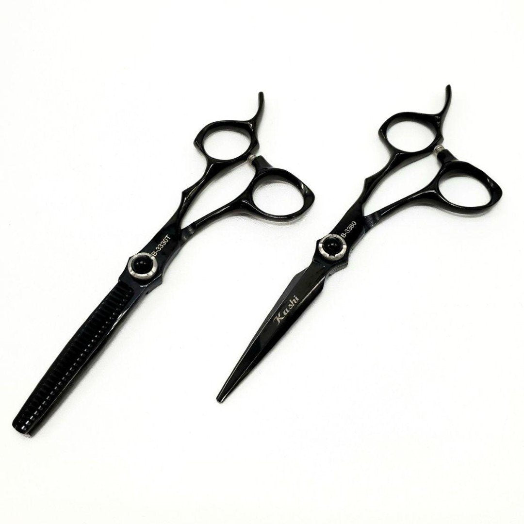 Kashi Professional Shears, Hair Cutting 6 "and Thinning Shears 6" 30 teeth, Japanese Stainless Steel, Black Color