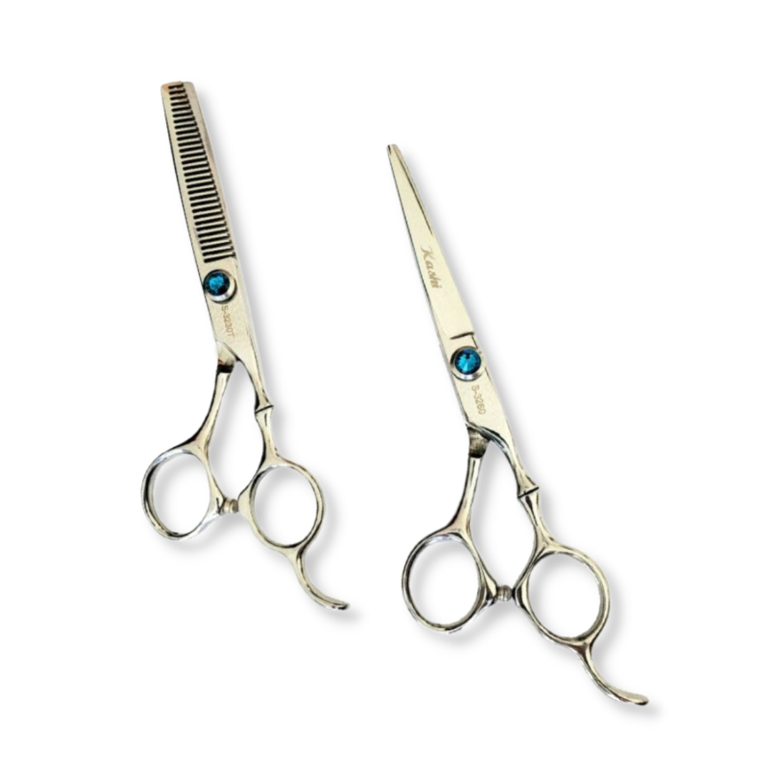 Set Kashi Professional Shears, Hair Cutting 6.5 "and Thinning Shears 6.5" 30 teeth, Japanese Stainless Steel, Silver Color