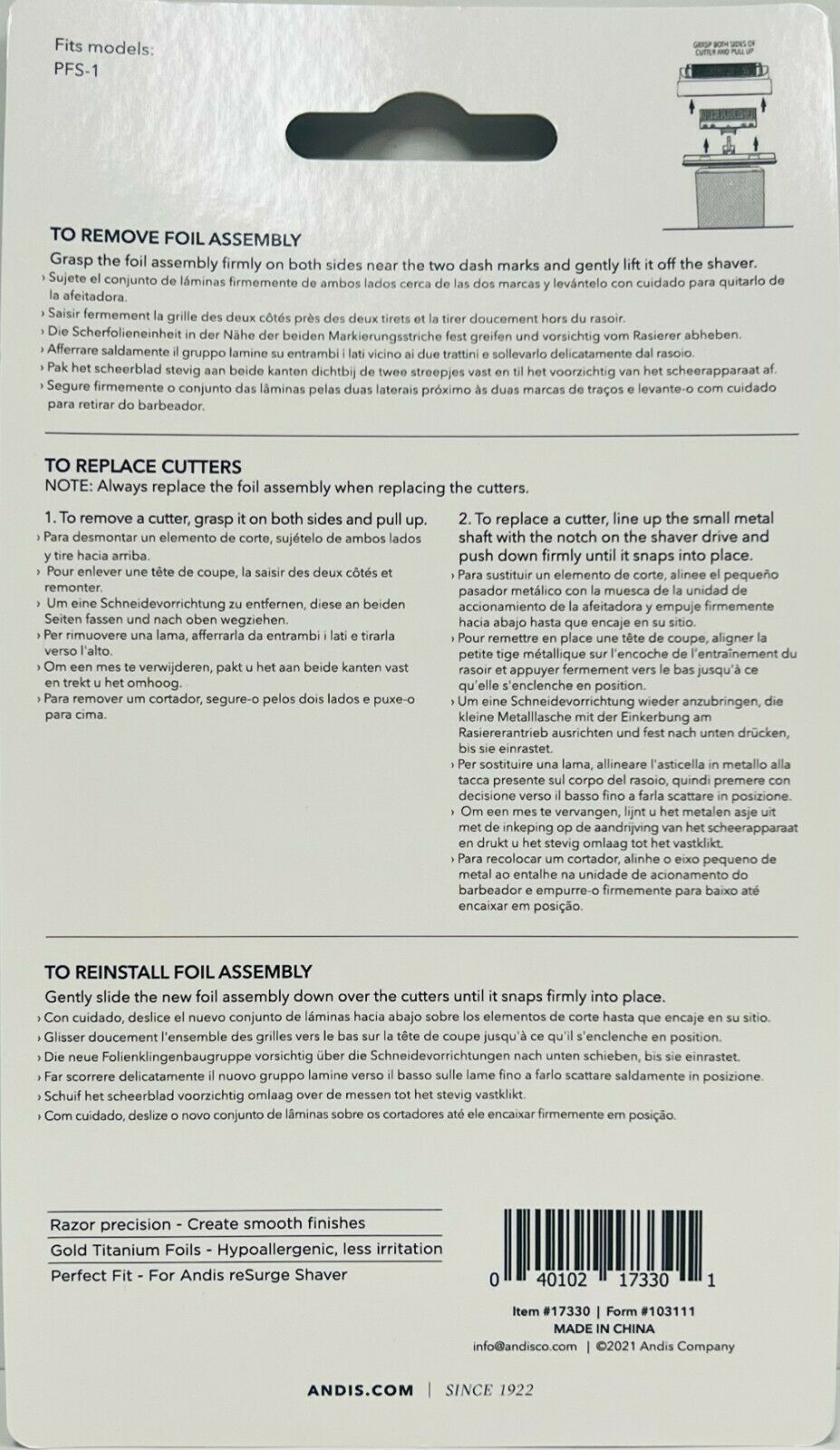 Andis reSURGE Shaver Replacement Cutters & Foil Model 17330