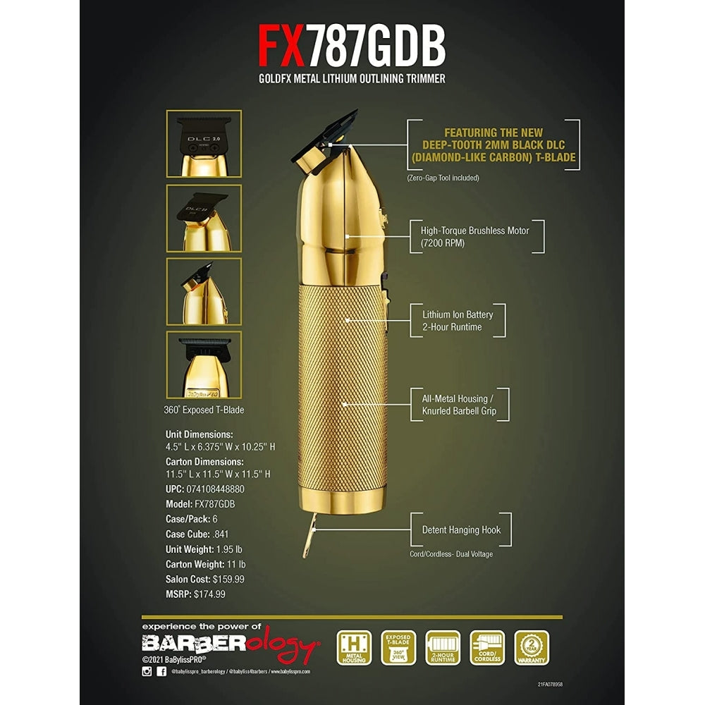 BaBylissPRO MetalFX Series - GoldFx Metal Lithium Outlining Trimmer 360 Expose T-Blade (FX787GDB)