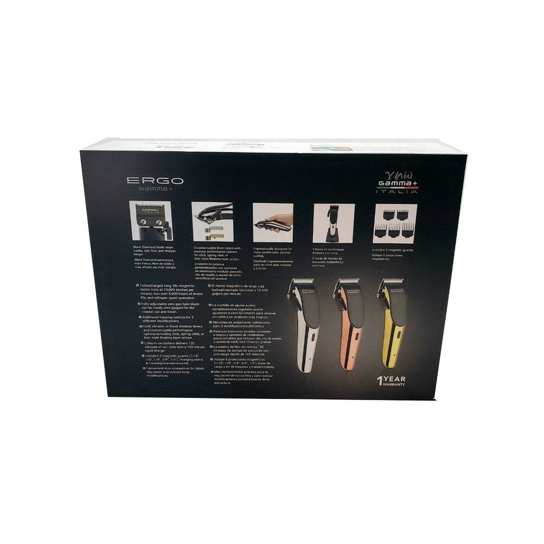 Gamma+ Ergo Magnetic Motor Cordless Clipper Chrome, Gold, and Rose Gold Color.