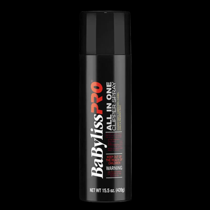 A black aerosol can of Babyliss Pro All in one clipper spray with red and white text.