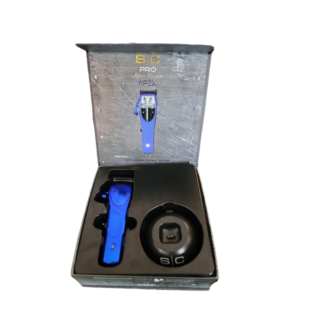 hair-clipper- stylecraft-apex- super-torque-metal- blue-color- sc603- 810069130361-box-presentation