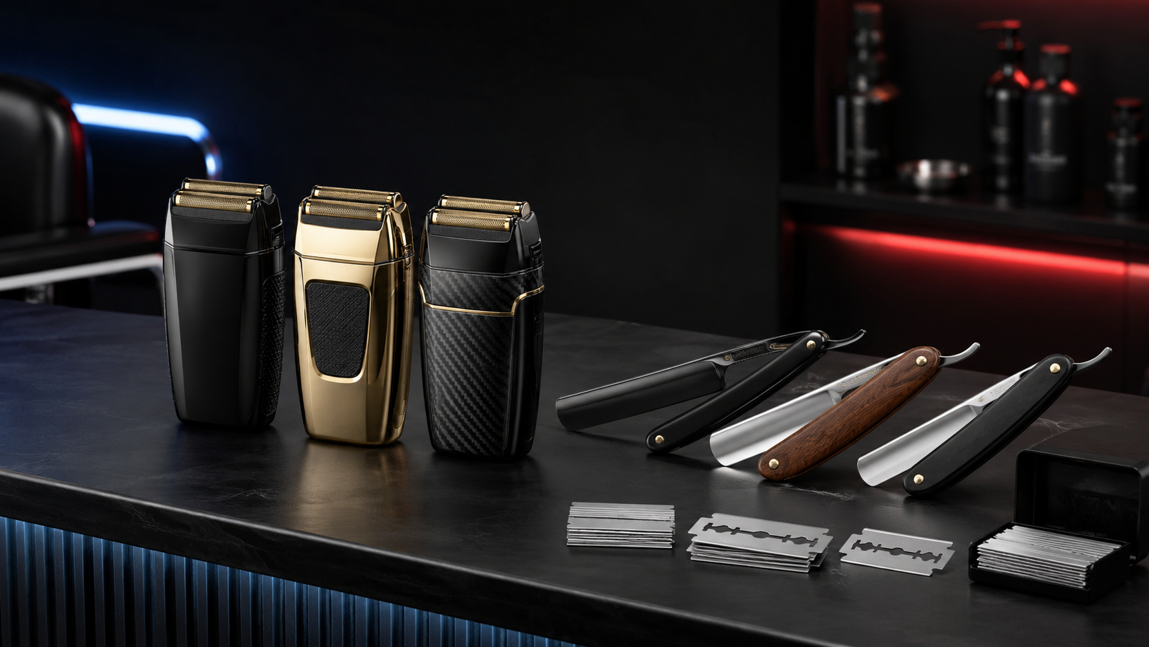 Professional barber shavers straight razors and razor blades