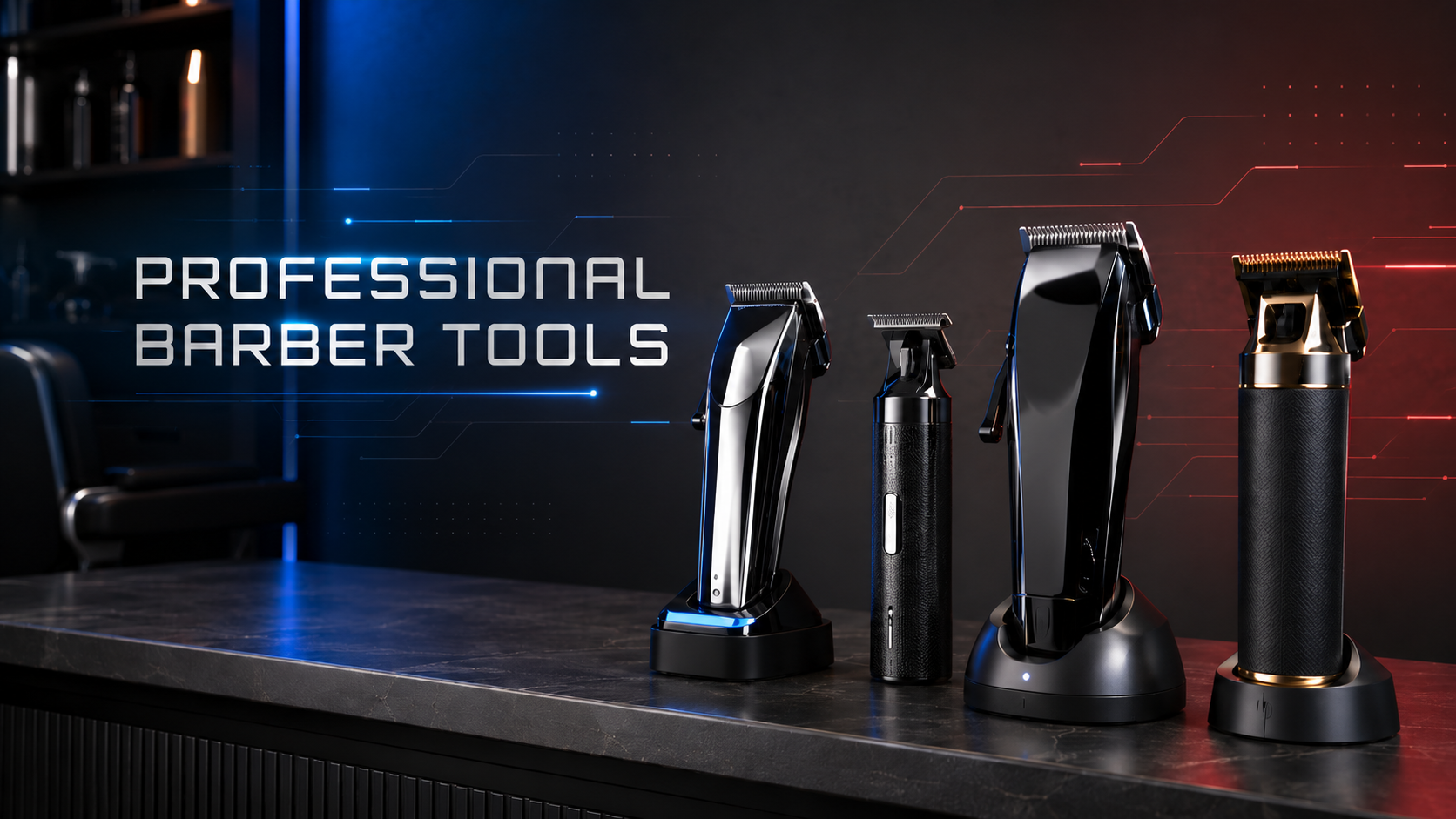 Professional barber clippers and trimmers on a modern barbershop counter