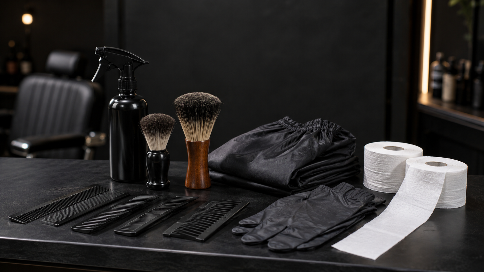 Barber essentials including combs brushes cape gloves and neck strips