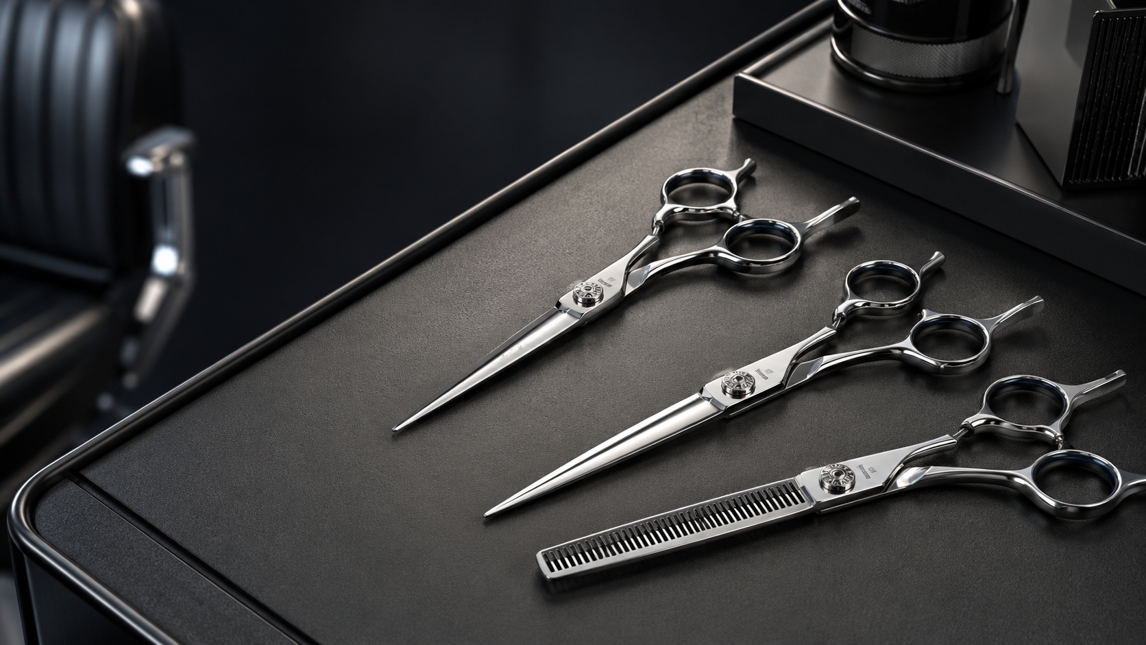 Professional barber shears and thinning scissors on a barbershop station