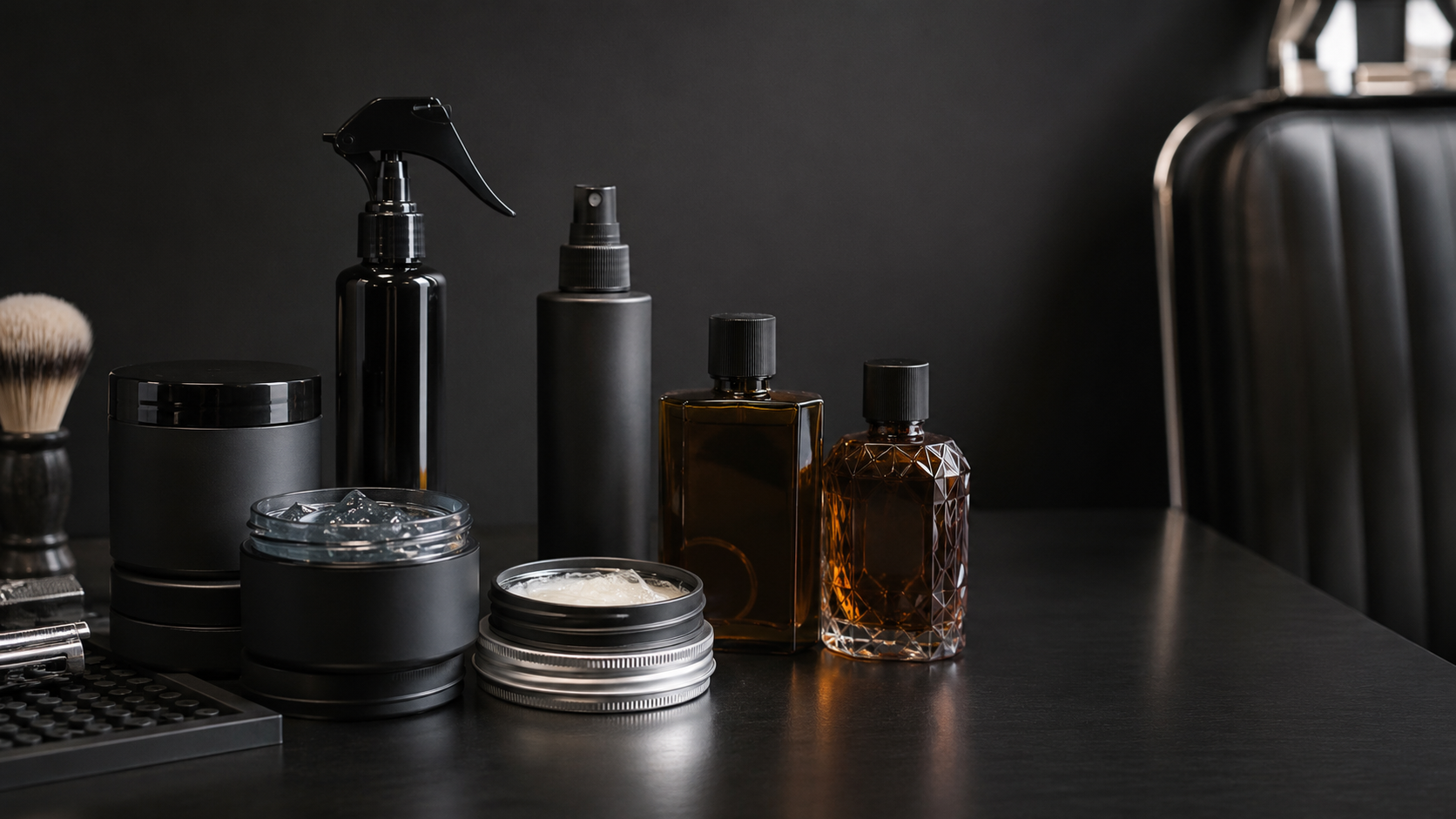 Professional hair styling products for barbers including gel pomade and spray