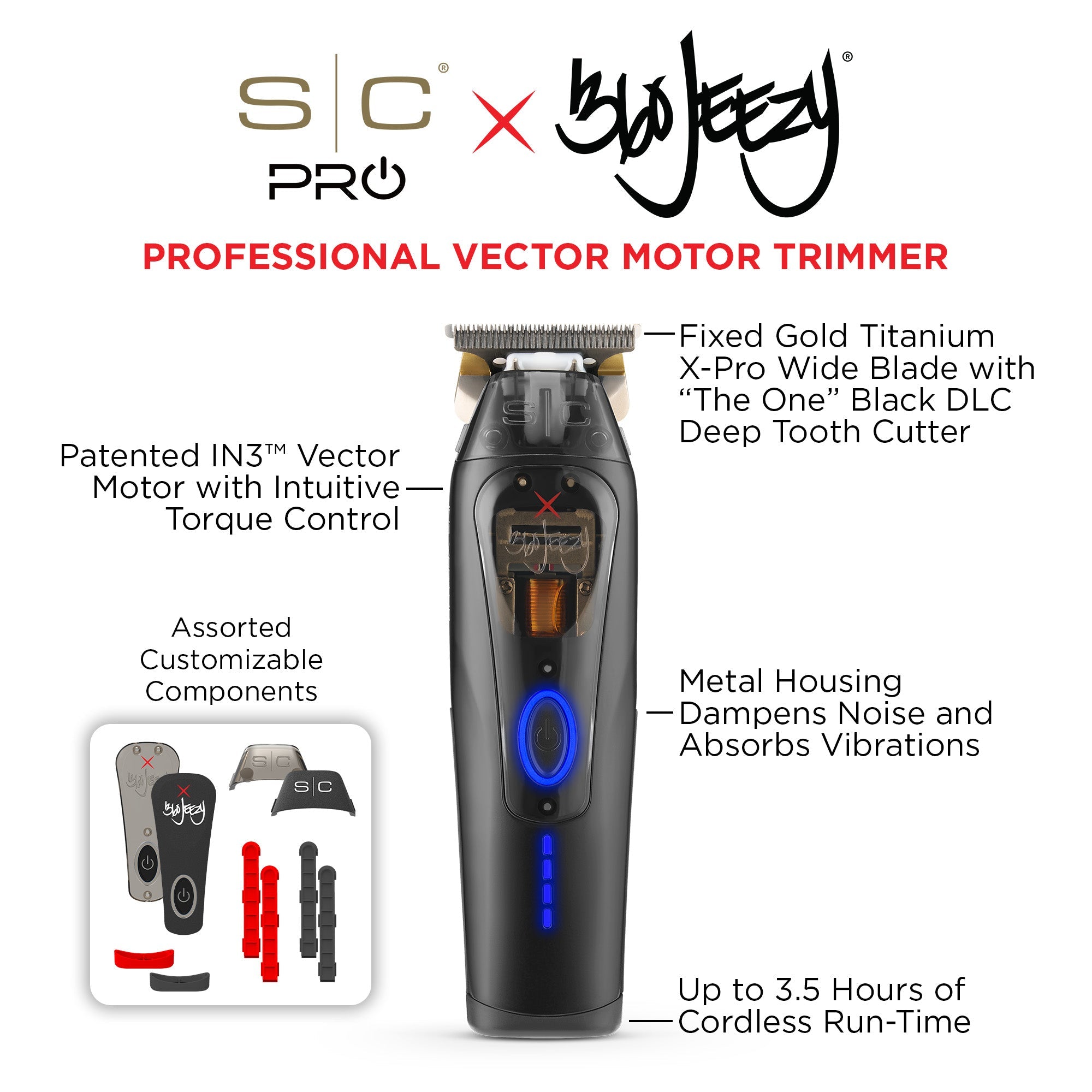 StyleCraft 360 Jeezy trimmer SC423B specifications: IN3 Vector Motor, 3.5 hour cordless runtime
