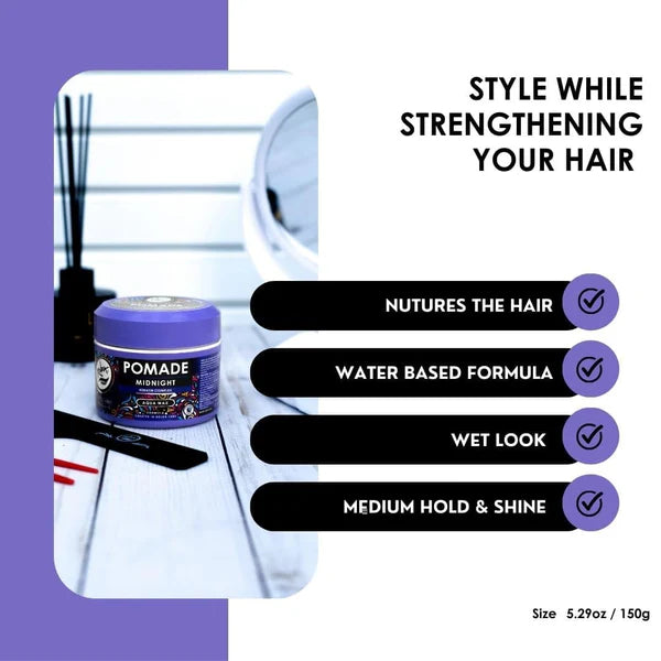 water-based pomade, medium hold pomade, medium shine, residue-free, flake-free, keratin complex, men’s styling, Rolda Midnight