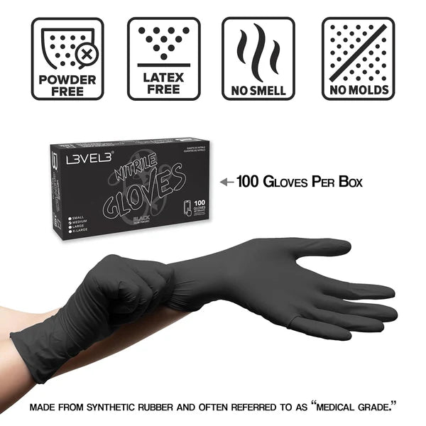 L3VEL3 Professional Nitrile Gloves – Black (100 Pack)