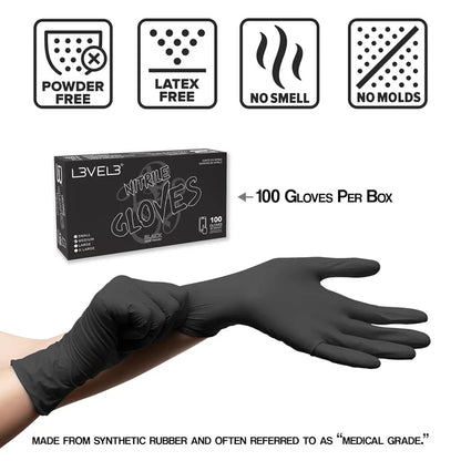 Guantes de Nitrilo Negro Profesionales L3VEL3 – Paquete de 100 Sin Látex