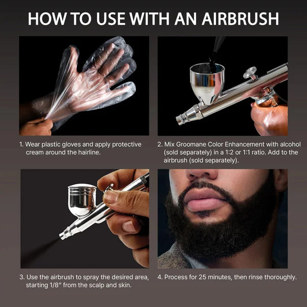 Instructions on how to use an airbrush with Groomane Color Enhancement, including steps and close-up shots.
