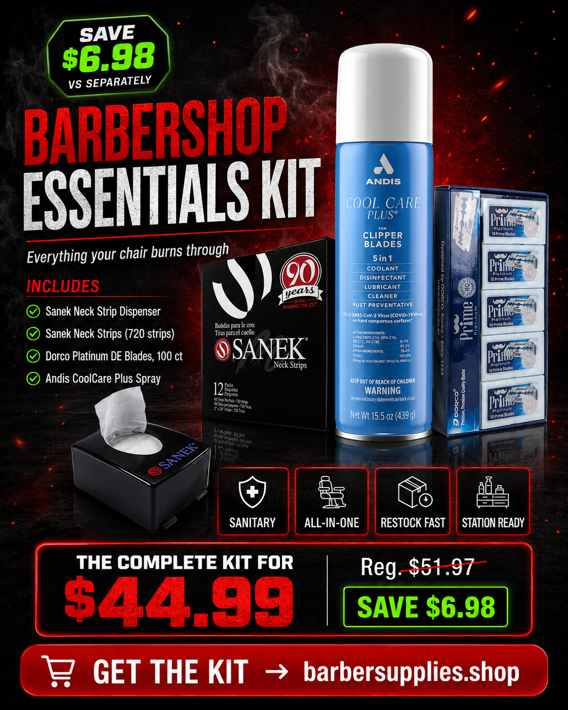 Barbershop Essentials Kit bundle — Sanek neck strip dispenser, neck strips, Dorco double-edge blades and Andis CoolCare Plus spray