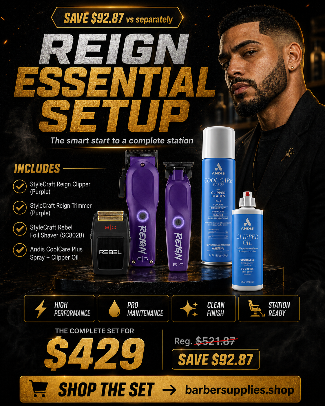 StyleCraft Reign Essential Setup bundle — Reign clipper, trimmer, Rebel foil shaver, Andis CoolCare spray and clipper oil