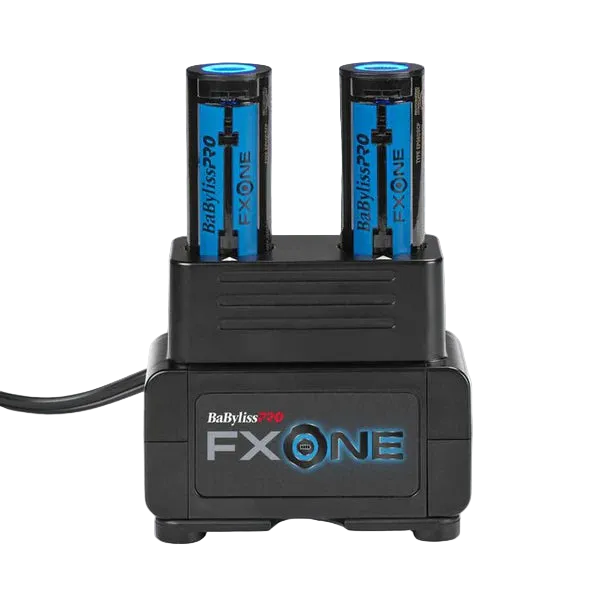 BaByliss Pro FX ONE battery charger with two blue batteries on a light gray background