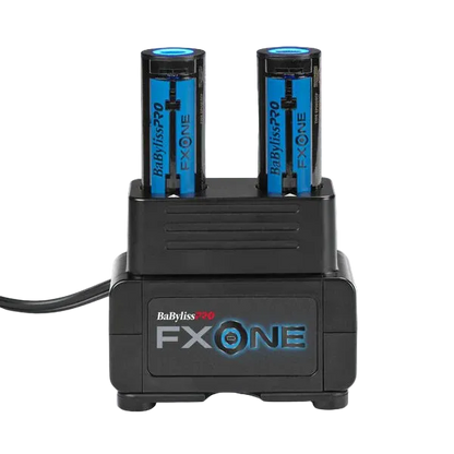 BaByliss Pro FX ONE battery charger with two blue batteries on a light gray background