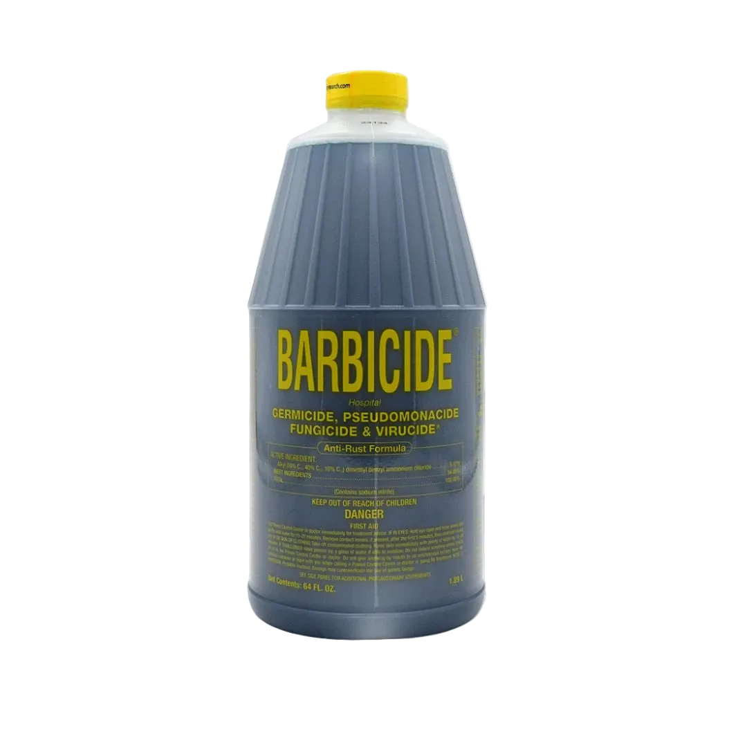 A 5-gallon plastic bottle of Barbicide fungicide with a yellow cap and yellow text on a dark gray-blue container, isolated 