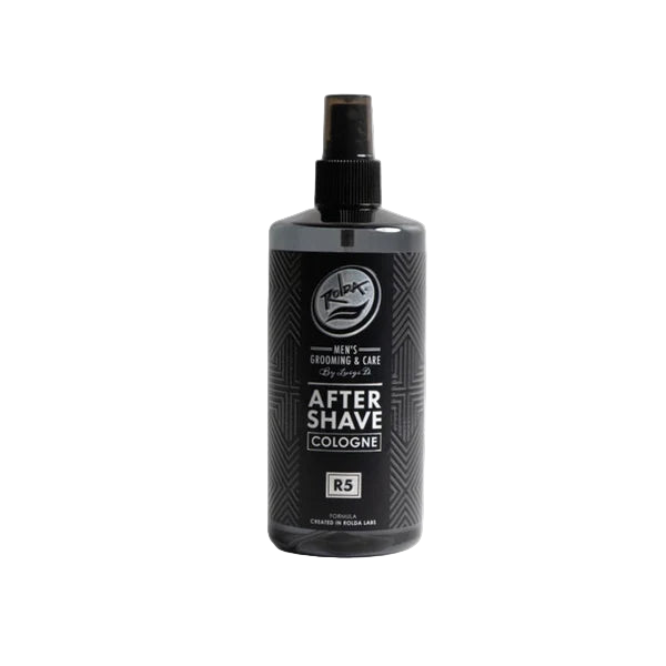 Black bottle of after-shave cologne on a white R5