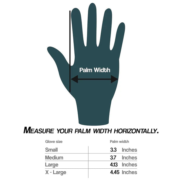 Glove size chart with palm width measurement 