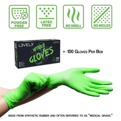 Guantes de nitrilo profesionales L3VEL3 verdes – Paquete de 100 sin látex
