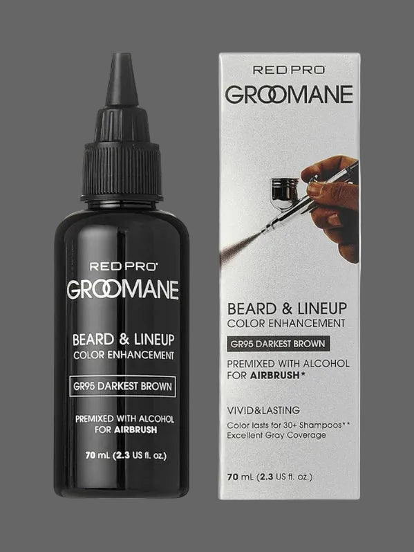 Black bottle and packaging of Red Pro Groomane Beard &amp; Lineup Color Enhancement 