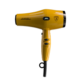 Yellow hair dryer with Lamborghini branding on a white background