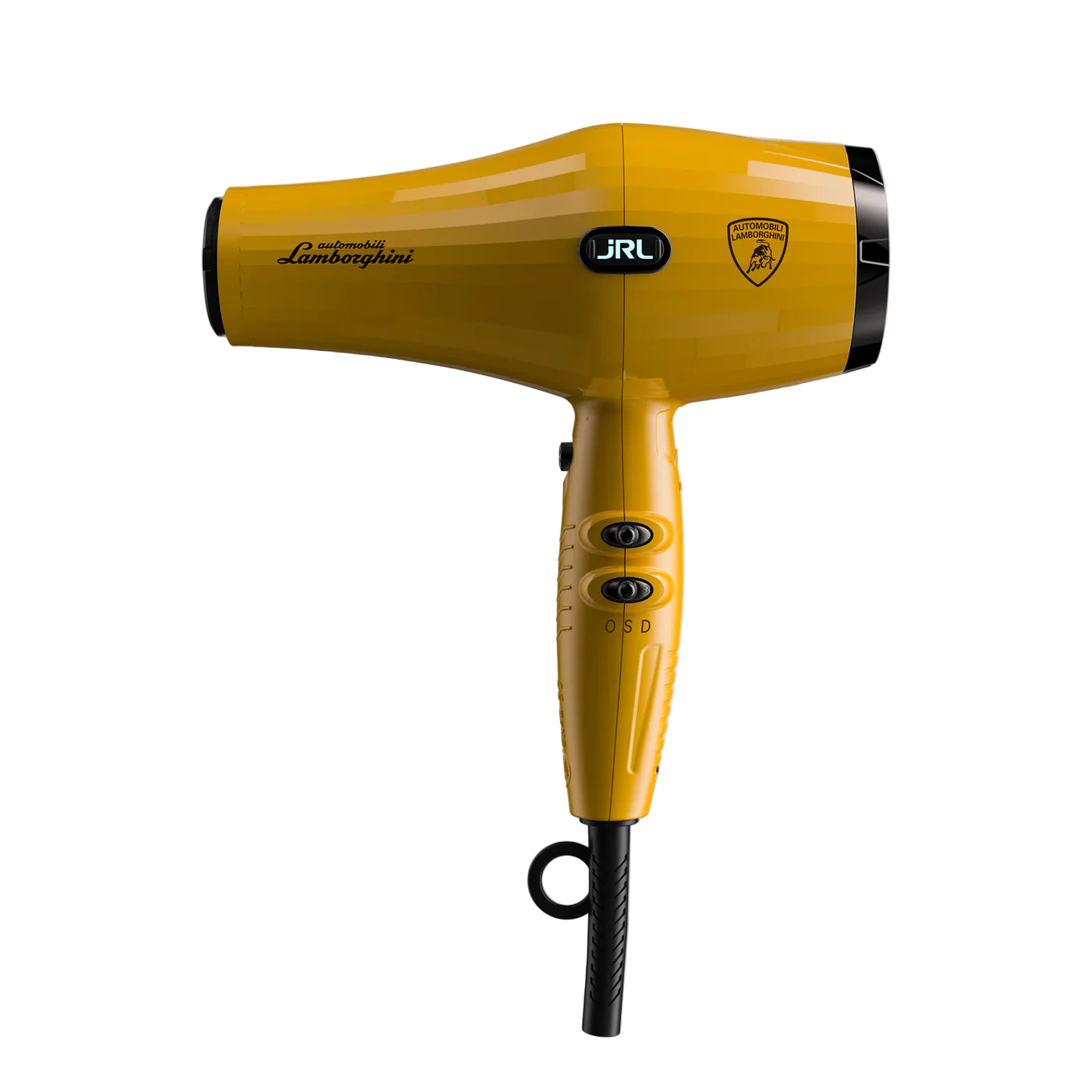 Yellow hair dryer with Lamborghini branding on a white background