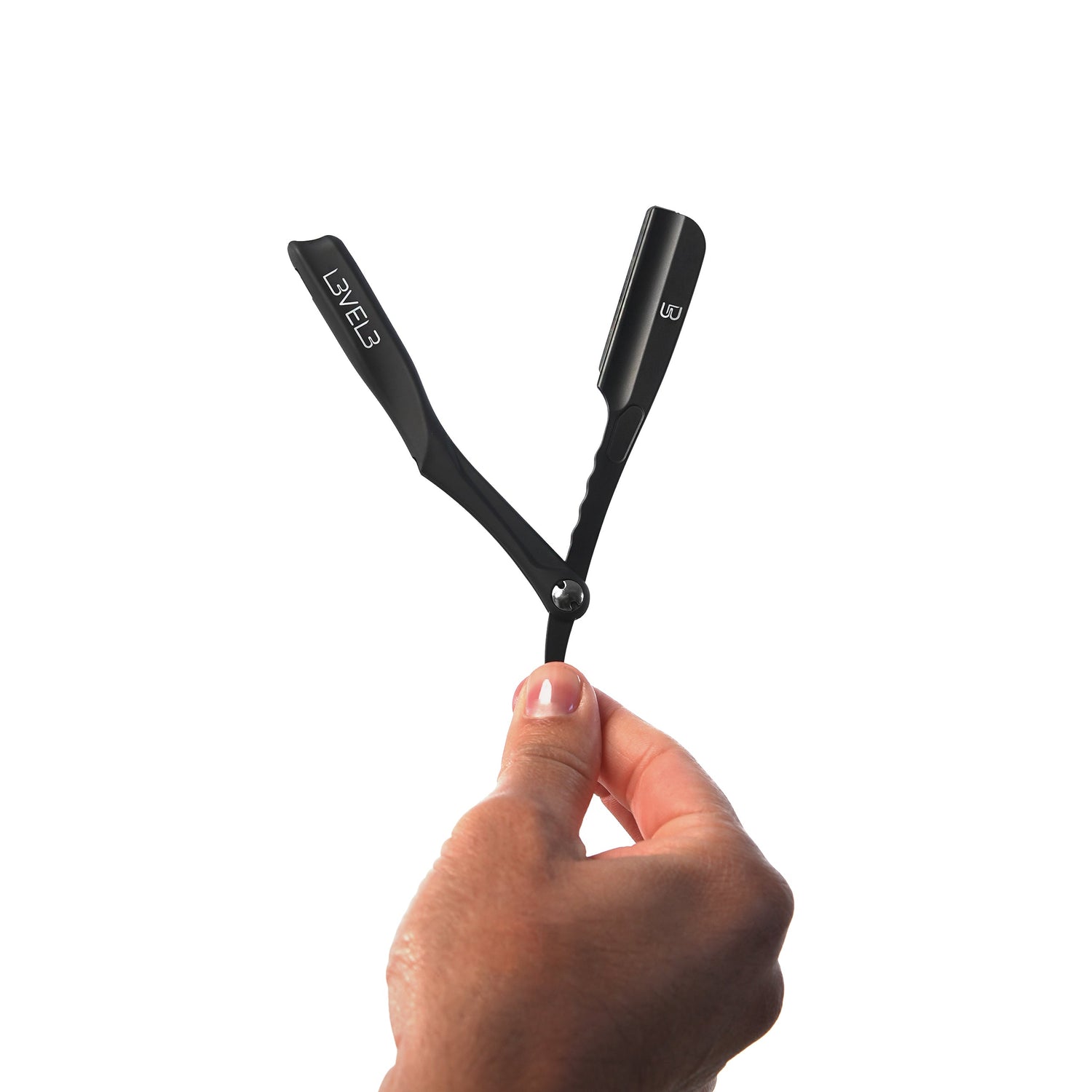L3VEL3 Milly Clutch folding razor holder in Midnight Black for professional barbers