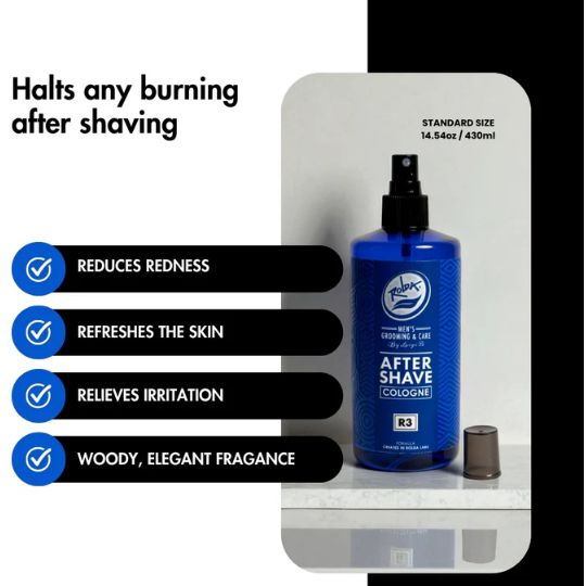After Shave Cologne bottle with packaging and benefits listed 