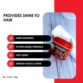 Hair pomade jar with text highlighting its features on a white and red background