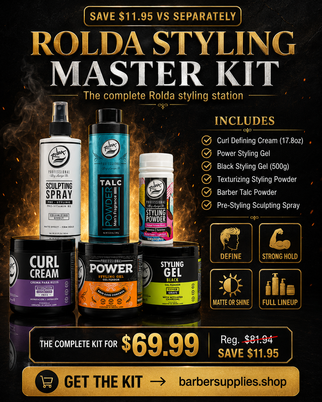 Rolda Styling Master Kit bundle — curl cream, two styling gels, texturizing powder, barber talc and sculpting spray