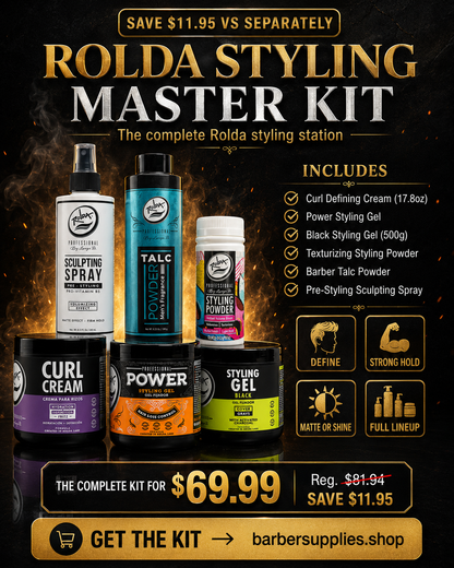 Rolda Styling Master Kit bundle — curl cream, two styling gels, texturizing powder, barber talc and sculpting spray