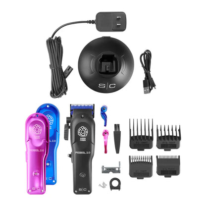 Hair cutting kit with clippers, attachments, and cables on a white background