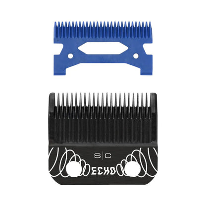 Blue and black hair clipper comb attachments on a white background