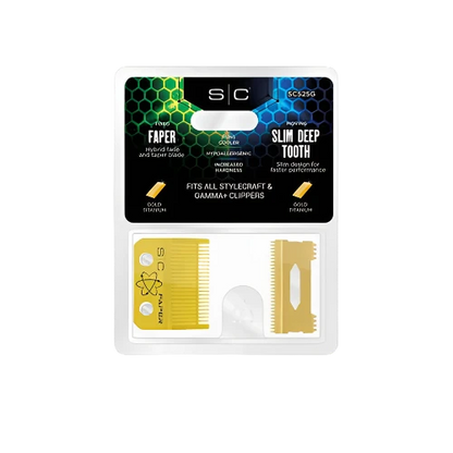StyleCraft Fixed Gold Titanium Faper Clipper Blade with Slim Deep Cutter Set