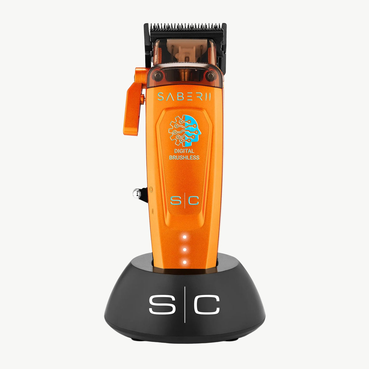 StyleCraft Saber 2 SC617O cordless clipper in orange on charging stand