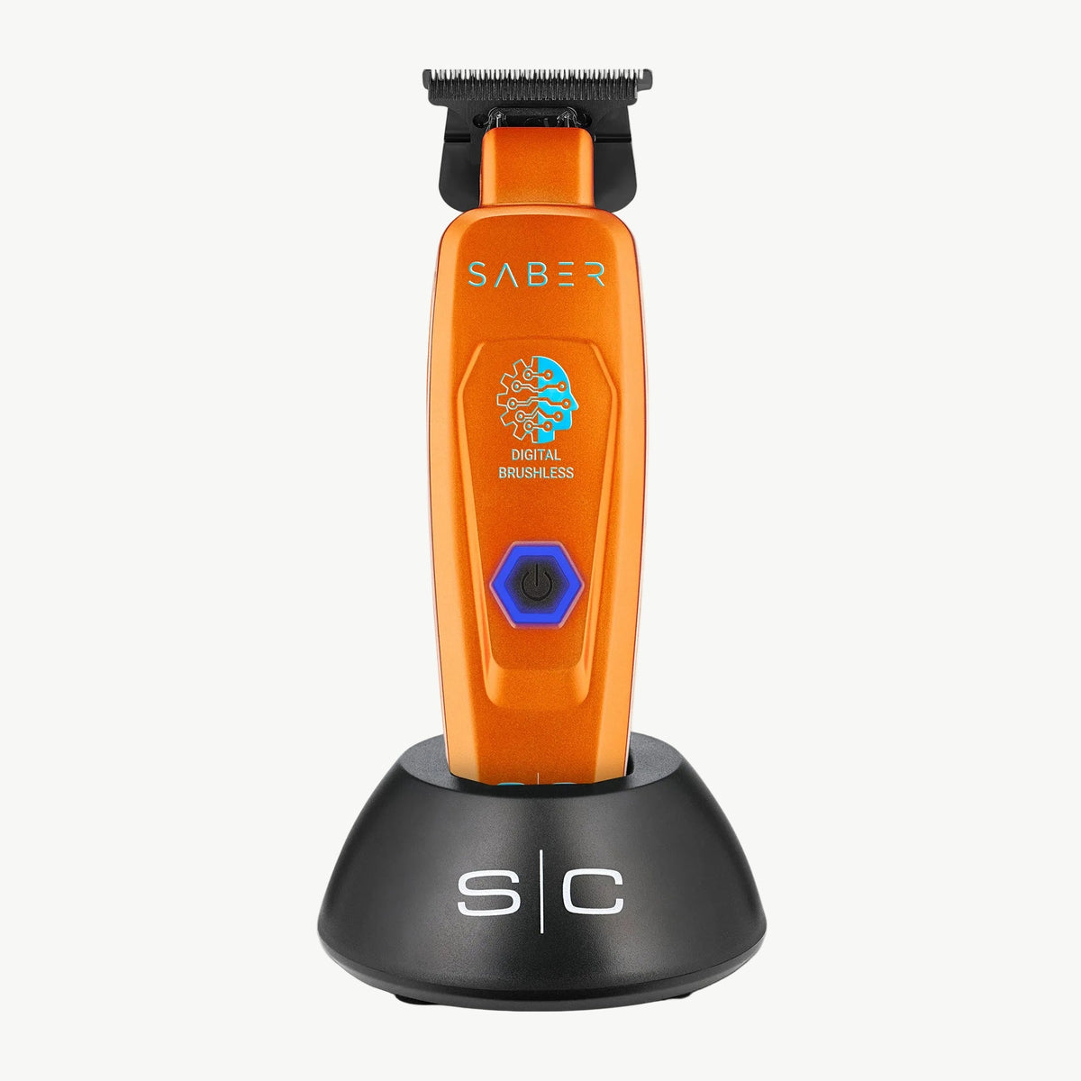 StyleCraft Saber SC421O cordless trimmer in orange on charging stand