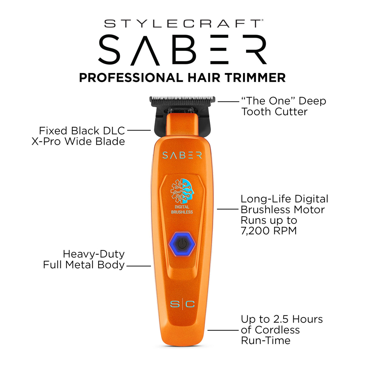 StyleCraft Saber SC421O orange trimmer features infographic