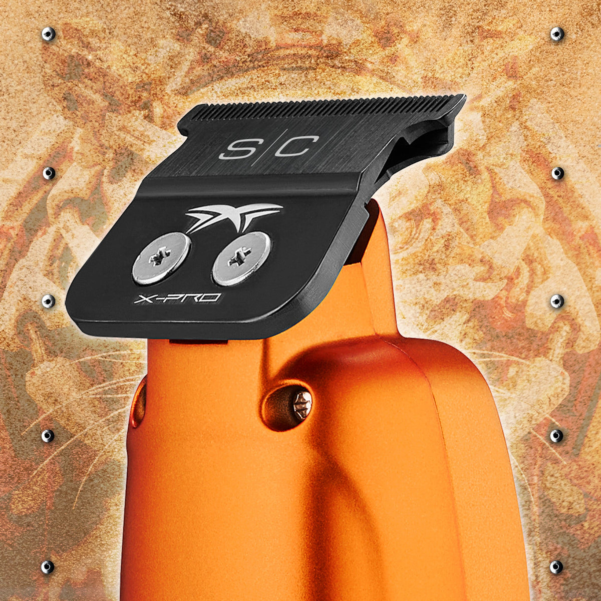 StyleCraft Saber SC421O orange trimmer Black DLC X-Pro Wide blade close-up