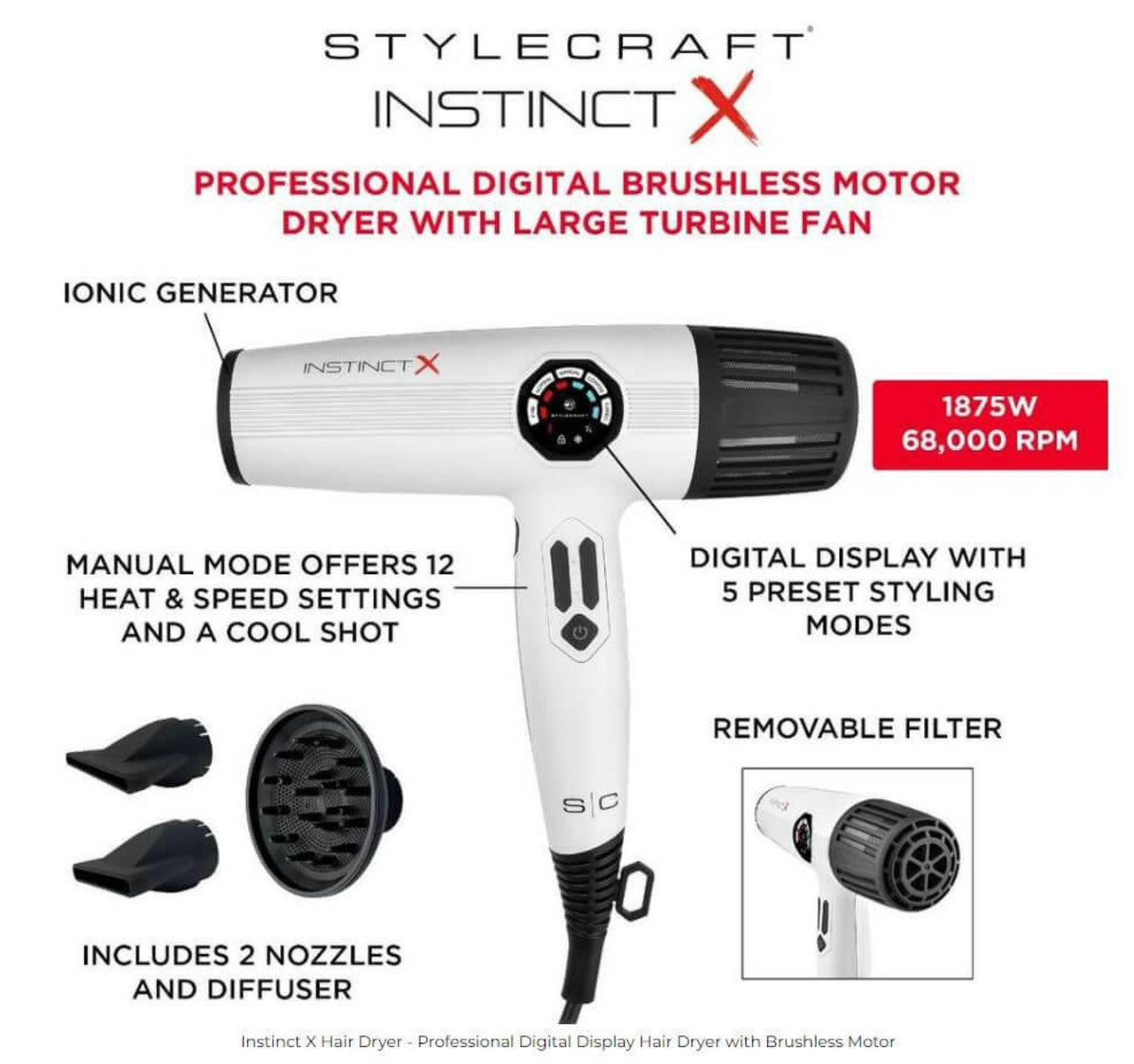 Stylecraft Instinct X Hair Dryer Model SC105B -810069132389 infomation