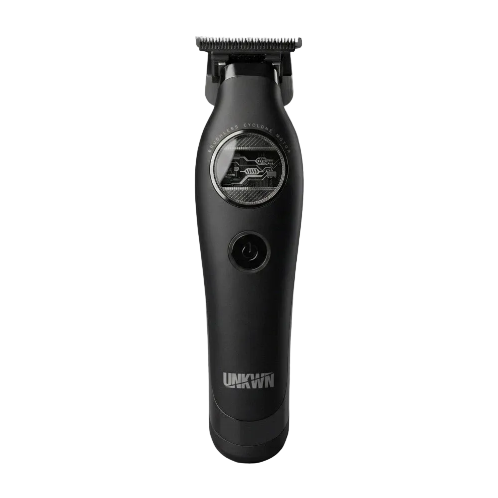 UNKWN Vortex Cyclone UNK1T black cordless trimmer front view with T-blade